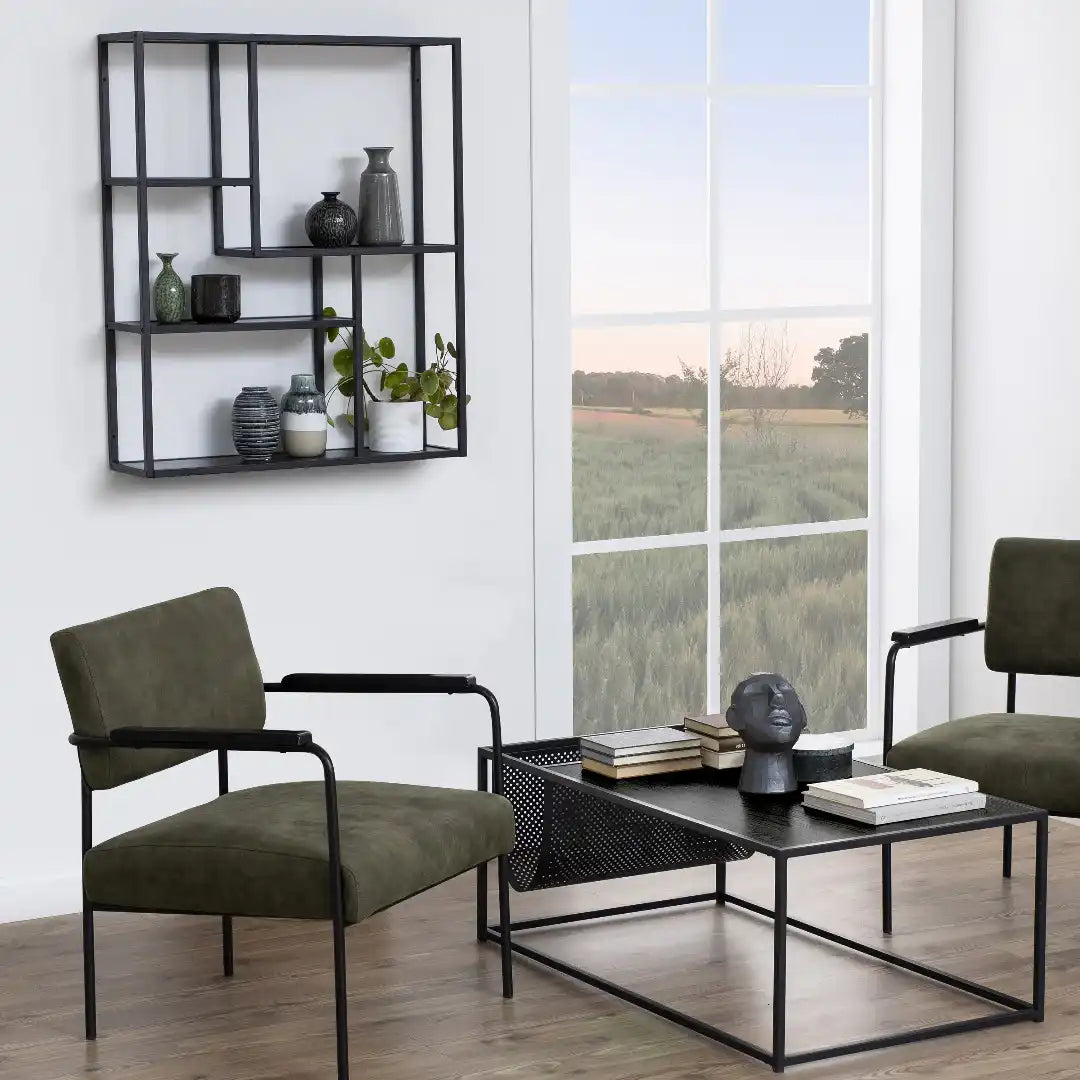 Seaford Black Metal Wall Shelf with 3 Additional Black Shelves - Price Crash Furniture