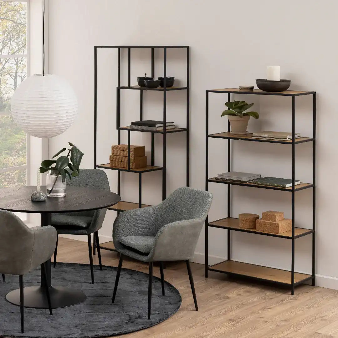Seaford Tall Black Metal Bookcase with 4 Oak Shelves - Price Crash Furniture