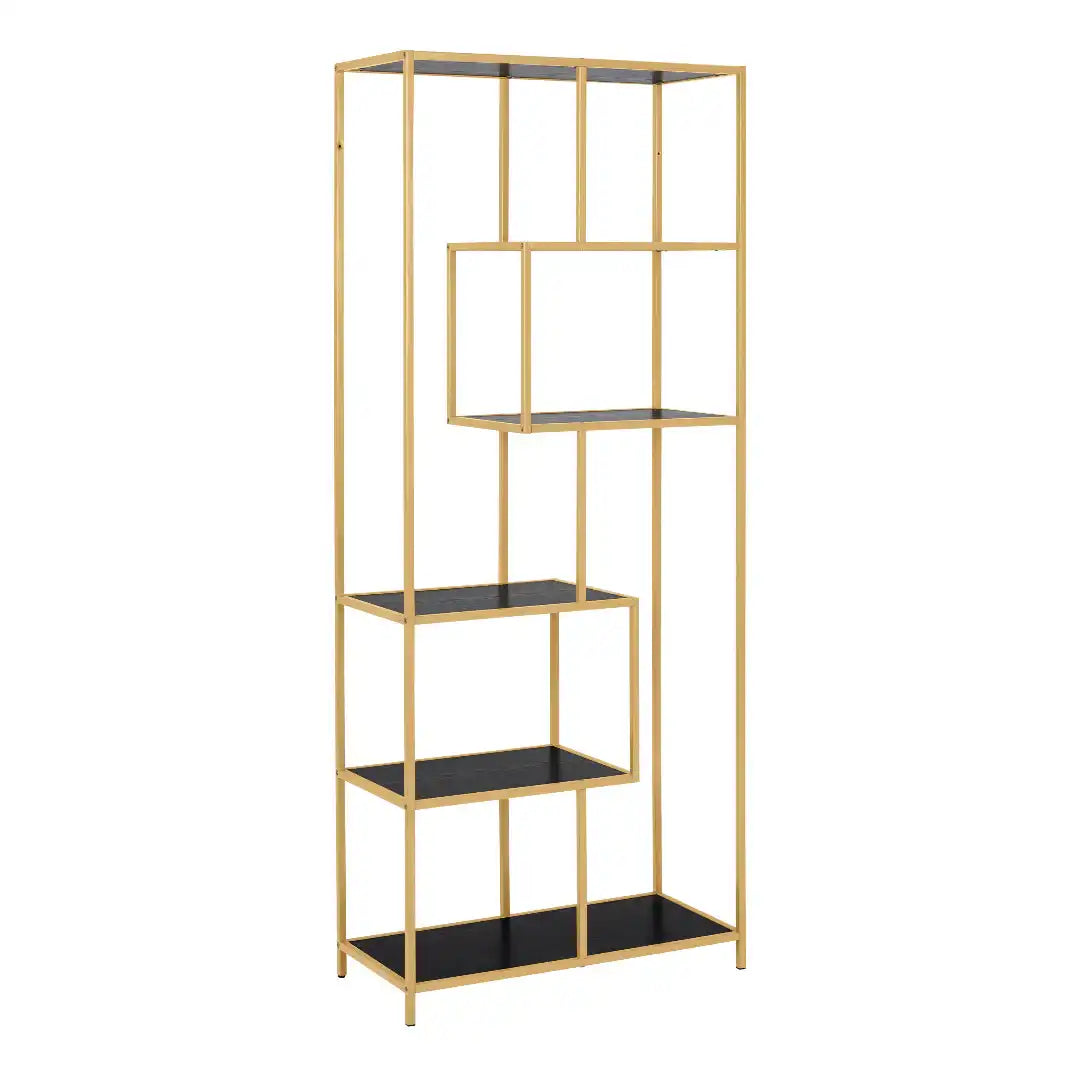 Seaford Tall Gold Metal Bookcase with 5 Black Shelves - Price Crash Furniture
