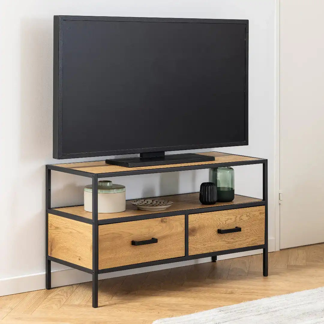 Seaford TV Unit 2 Drawers in Black & Oak - Price Crash Furniture
