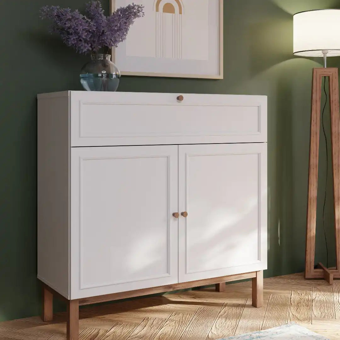 Wensley 2 Door 1 Drawer Console in Light Grey and Oak - Price Crash Furniture