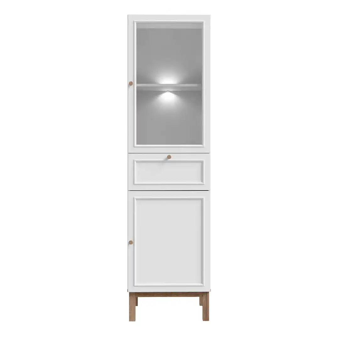 Wensley Display Cabinet with 1 Door 1 Drawer and 1 Glass Door in Light Grey and Oak inc LED Lighting