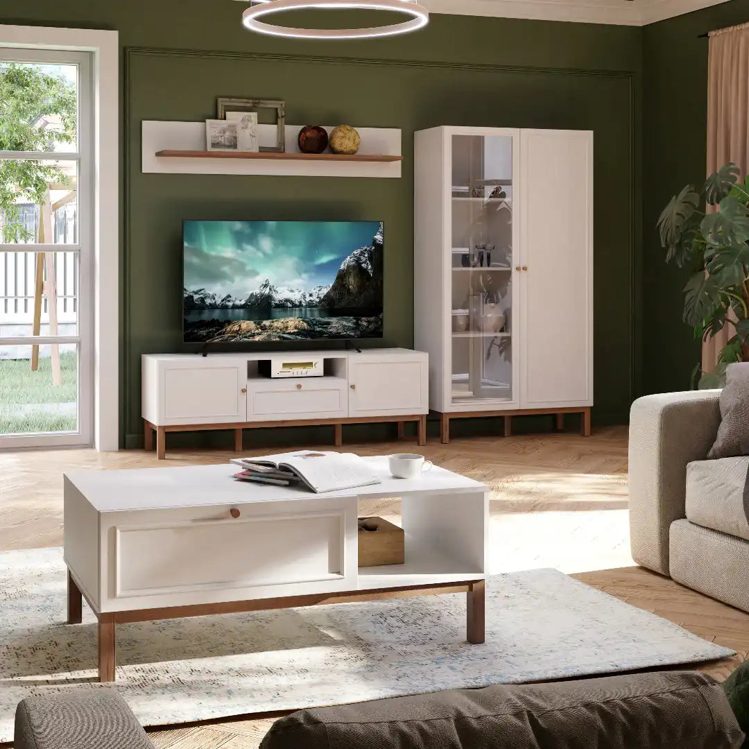 Wensley Display Cabinet with 1 Door and 1 Glass Door in Light Grey and Oak inc LED Lighting - Price Crash Furniture