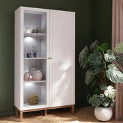 Wensley Display Cabinet with 1 Door and 1 Glass Door in Light Grey and Oak inc LED Lighting - Price Crash Furniture
