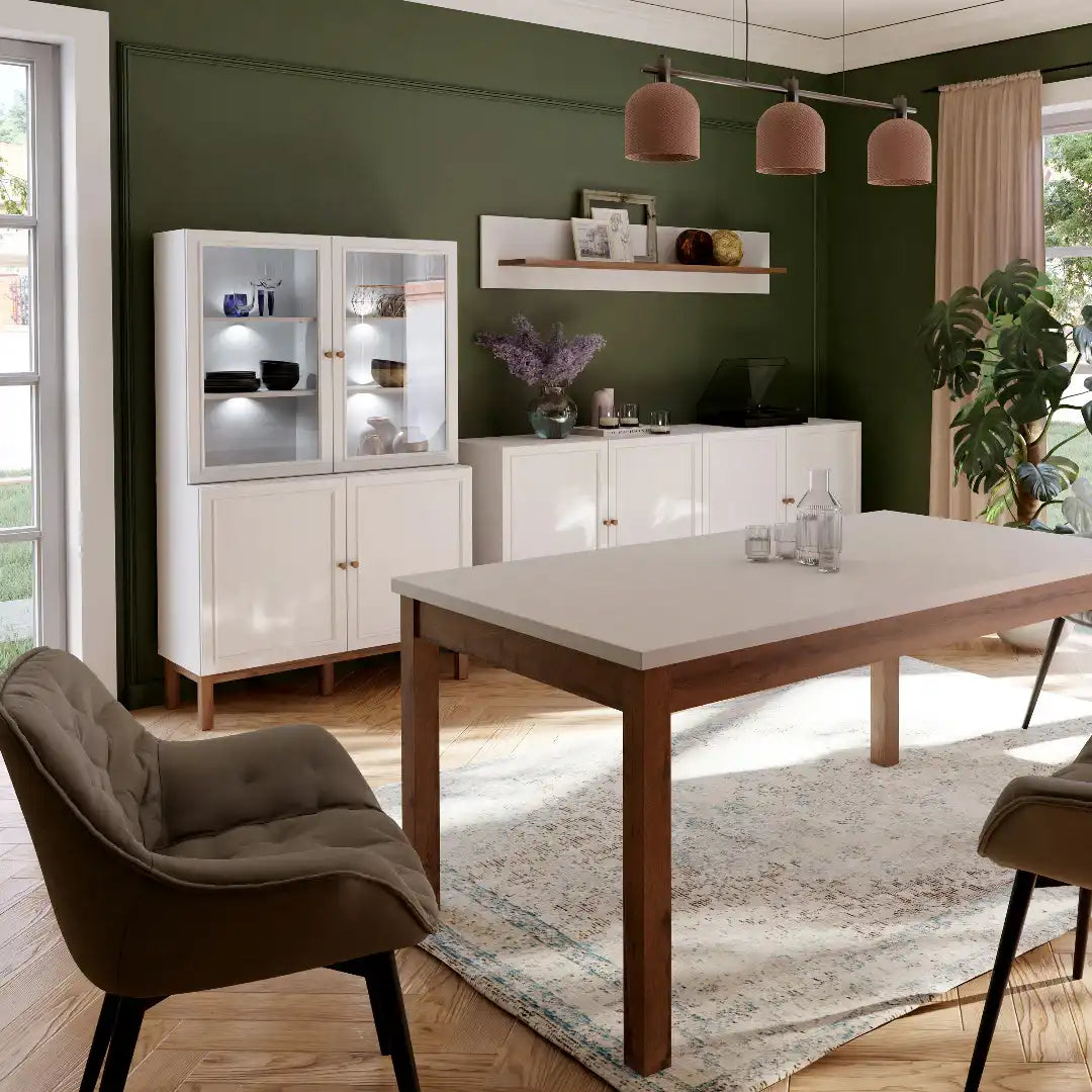 Wensley Display Cabinet with 2 Doors and 2 Glass Doors in Light Grey and Oak inc LED Lighting - Price Crash Furniture