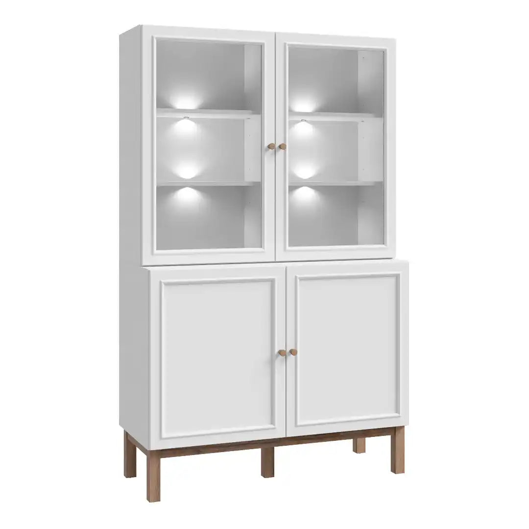 Wensley Display Cabinet with 2 Doors and 2 Glass Doors in Light Grey and Oak inc LED Lighting - Price Crash Furniture