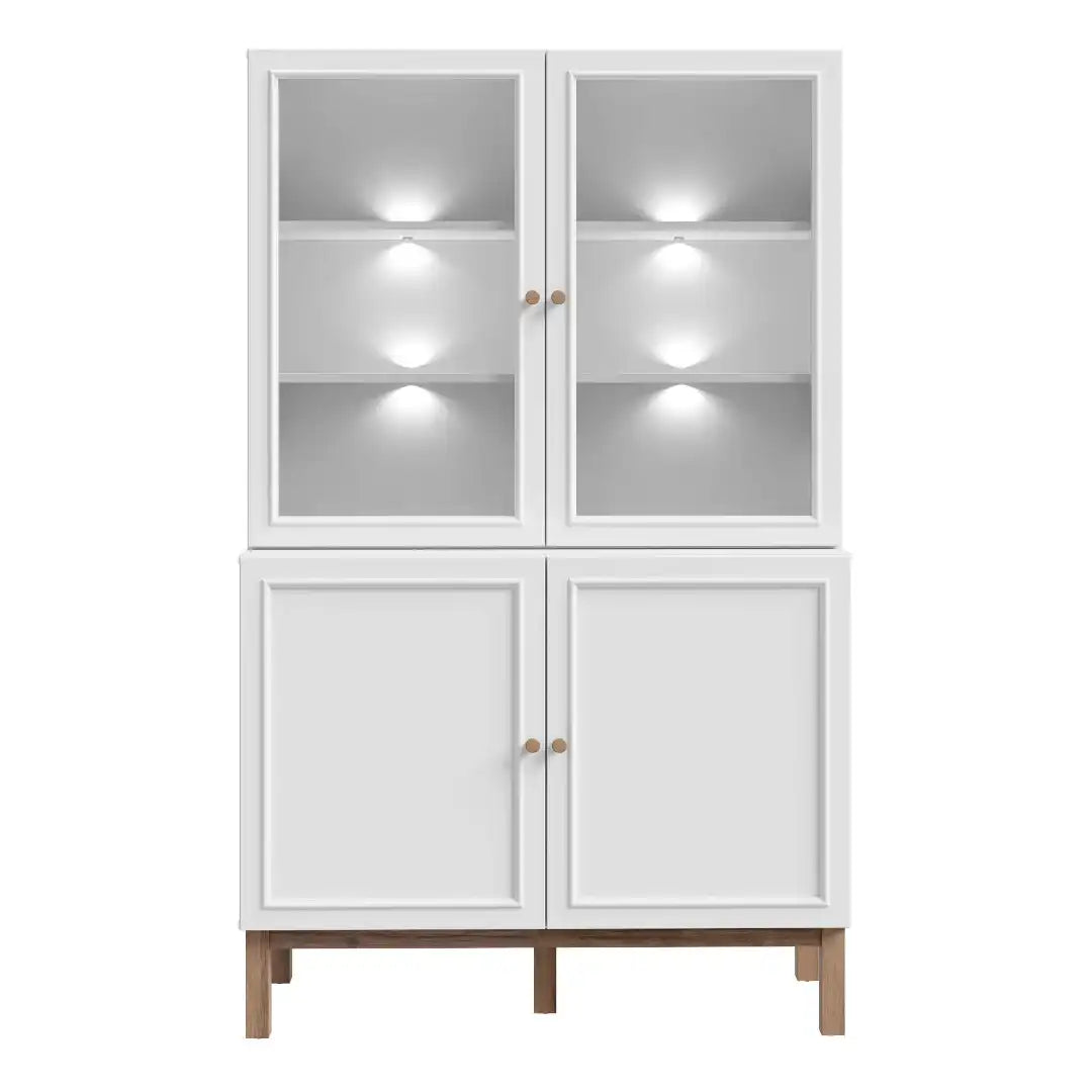 Wensley Display Cabinet with 2 Doors and 2 Glass Doors in Light Grey and Oak inc LED Lighting - Price Crash Furniture