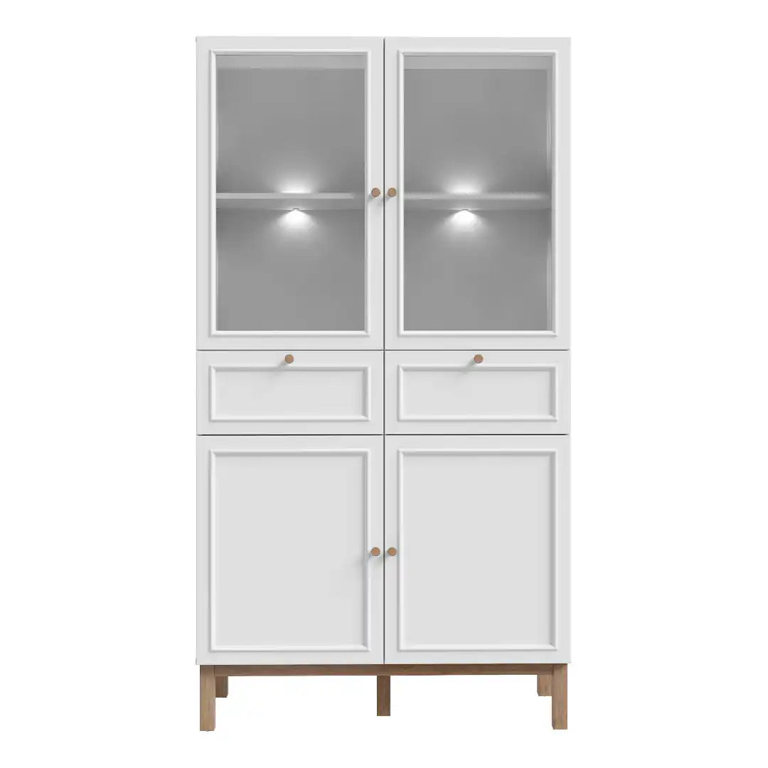 Wensley Display Cabinet with 2 Doors 2 Drawers and 2 Glass Doors in Light Grey and Oak inc LED Lighting - Price Crash Furniture