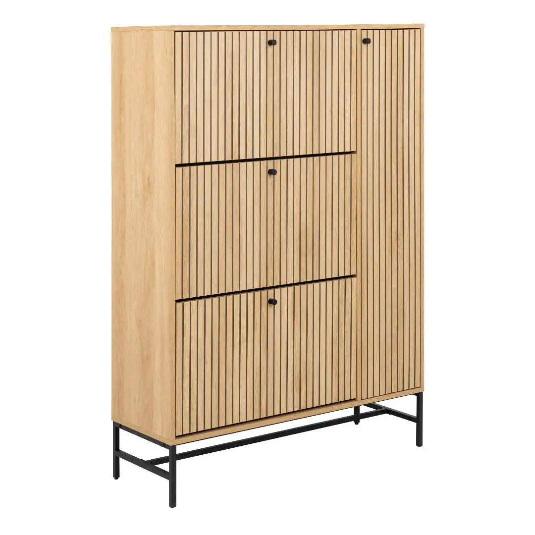 Albany Shoe Cabinet 3 Flip Down Doors 1 Pull Open Door in Oak/Black Legs - Price Crash Furniture