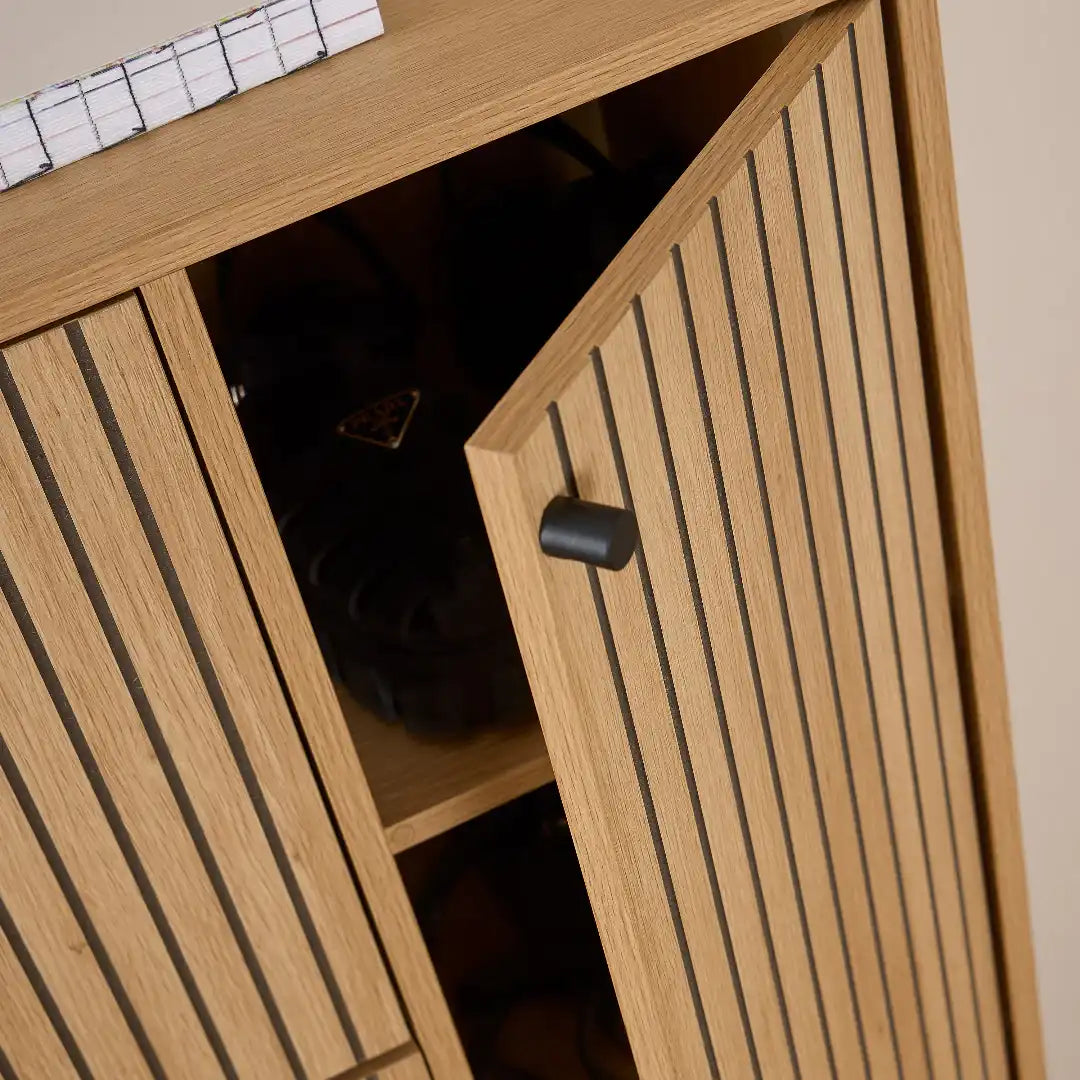 Albany Shoe Cabinet 3 Flip Down Doors 1 Pull Open Door in Oak/Black Legs - Price Crash Furniture