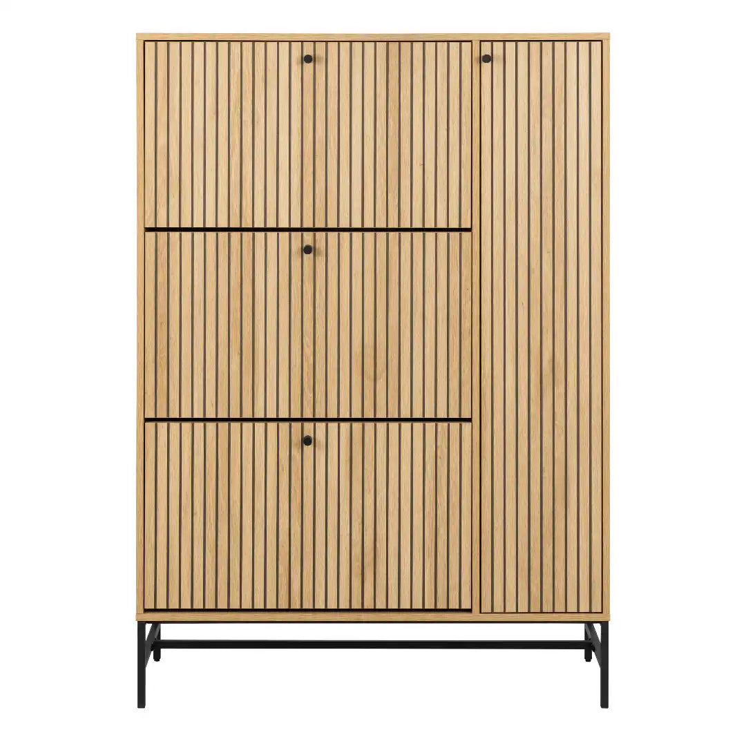 Albany Shoe Cabinet 3 Flip Down Doors 1 Pull Open Door in Oak/Black Legs - Price Crash Furniture