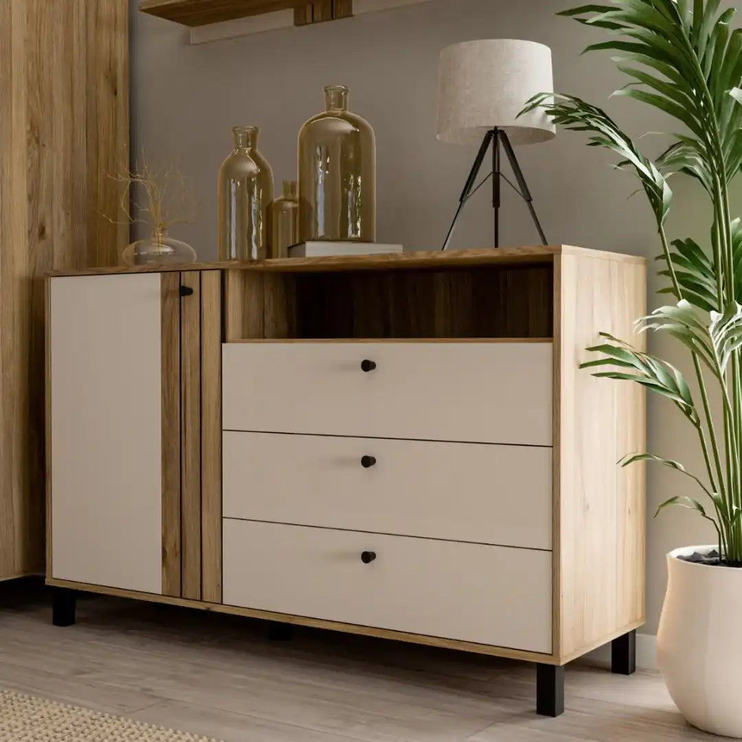 Grafton 1 Door 3 Drawer Chest In Cream and Oak - Price Crash Furniture
