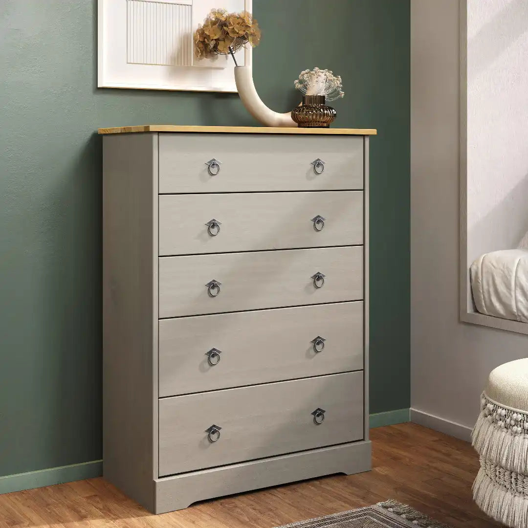Grey Compact Corona 5 Drawer Chest - Price Crash Furniture