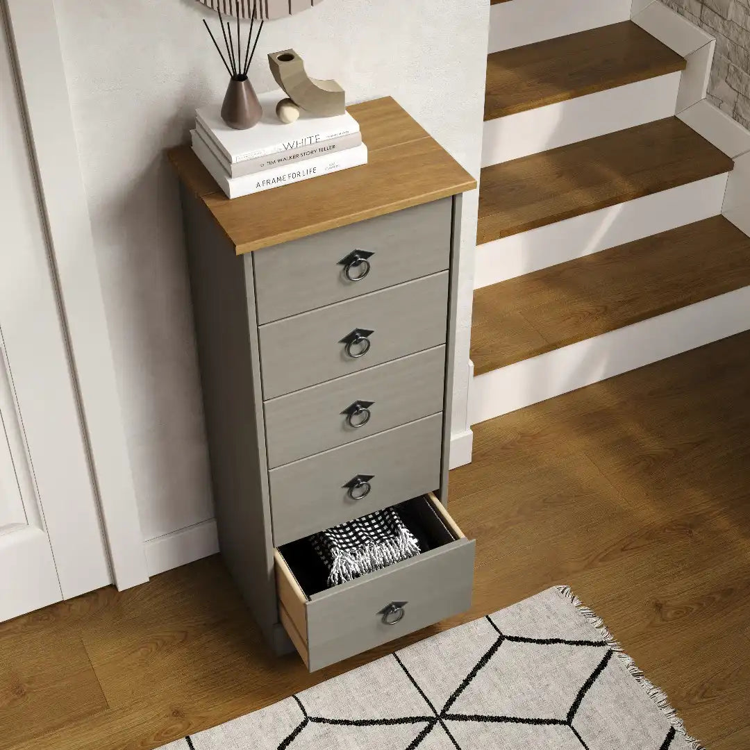 Grey Compact Corona 5 Drawer Narrow Chest - Price Crash Furniture