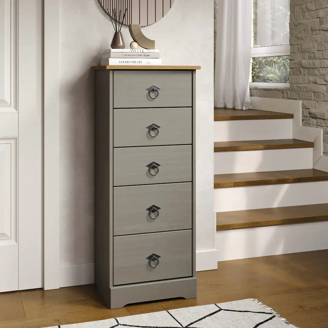 Grey Compact Corona 5 Drawer Narrow Chest - Price Crash Furniture
