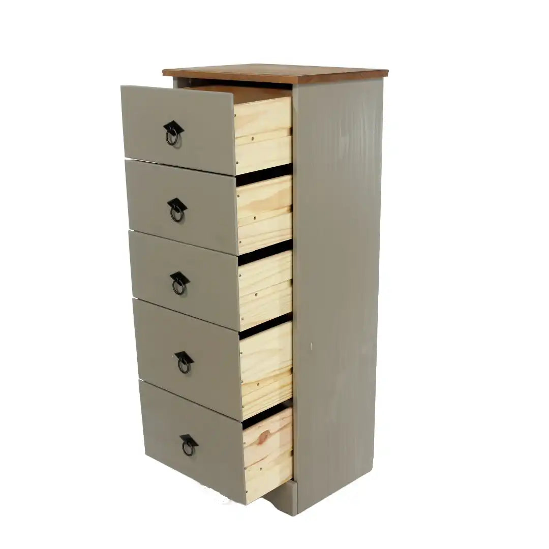 Grey Compact Corona 5 Drawer Narrow Chest - Price Crash Furniture