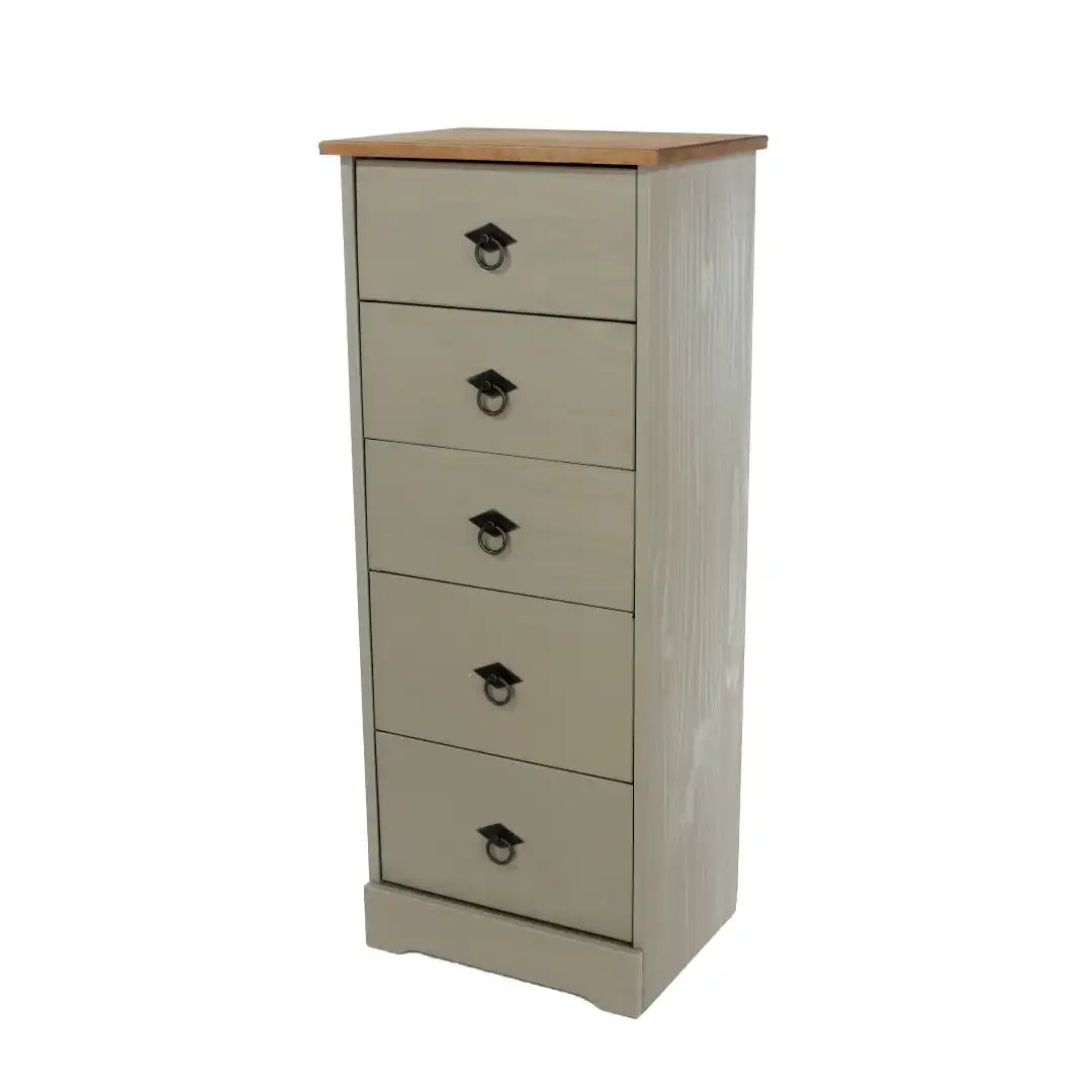 Grey Compact Corona 5 Drawer Narrow Chest - Price Crash Furniture