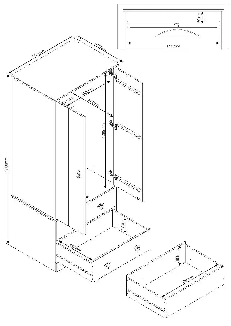 Grey Compact Corona 2 Door, 2 Drawer Wardrobe - Price Crash Furniture