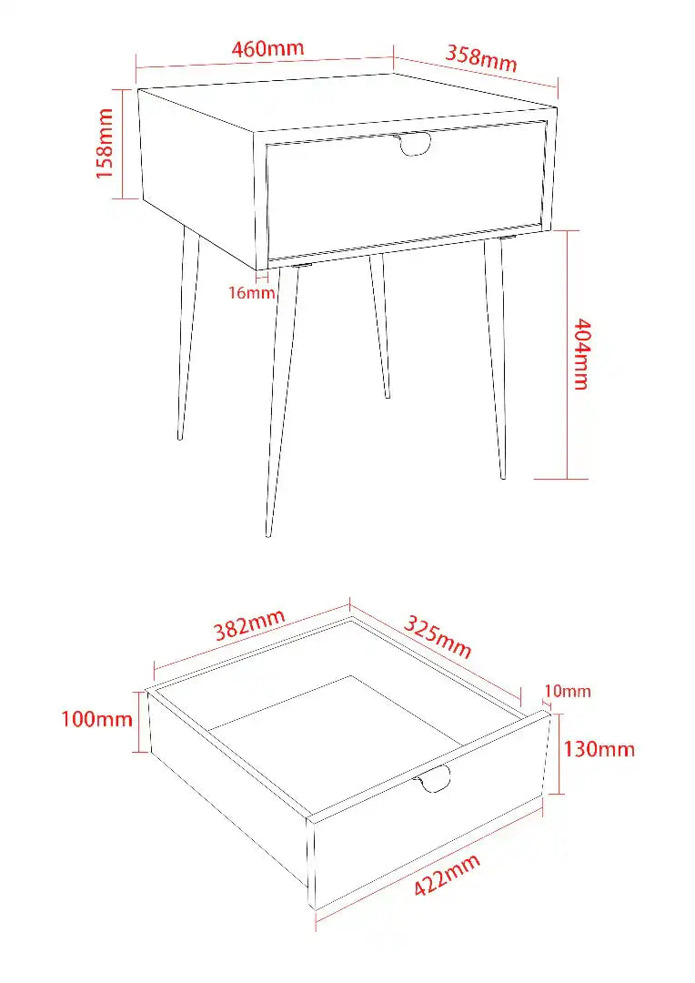 Options Jupiter metal 1 drawer bedside cabinet, gold drawer with black handle and legs - Price Crash Furniture