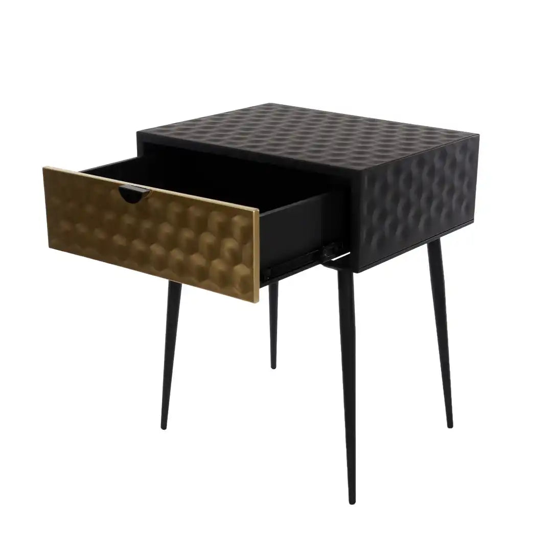 Options Jupiter metal 1 drawer bedside cabinet, gold drawer with black handle and legs - Price Crash Furniture