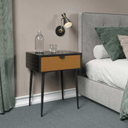 Options Jupiter metal 1 drawer bedside cabinet, black body with copper drawer, black handle and Black legs