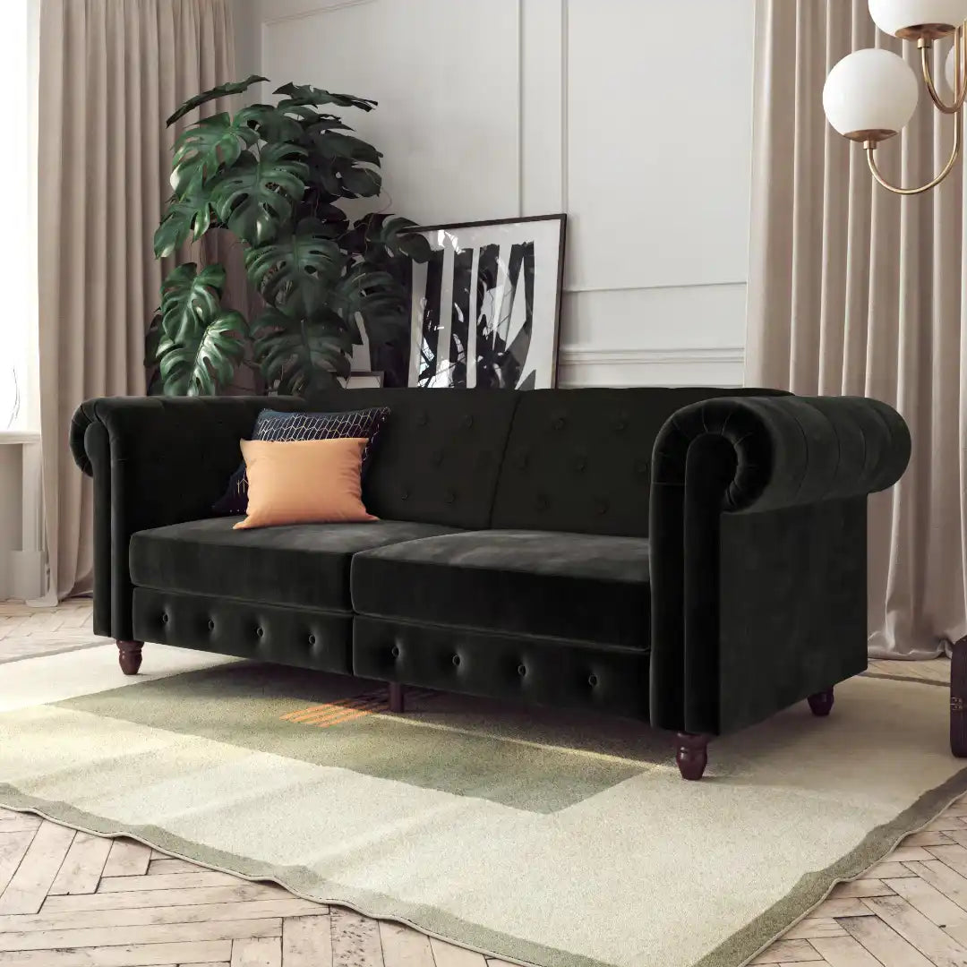 Felix Chesterfield Sofa Bed - Black Velvet by Dorel - Price Crash Furniture