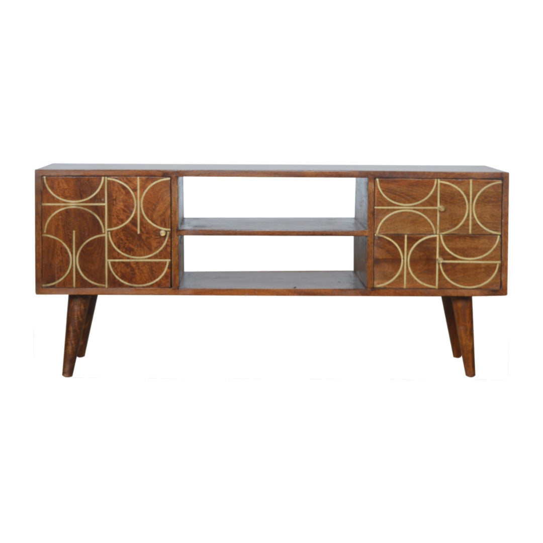 Gold Inlay Abstract TV Stand in Chestnut-effect Solid Mango Wood