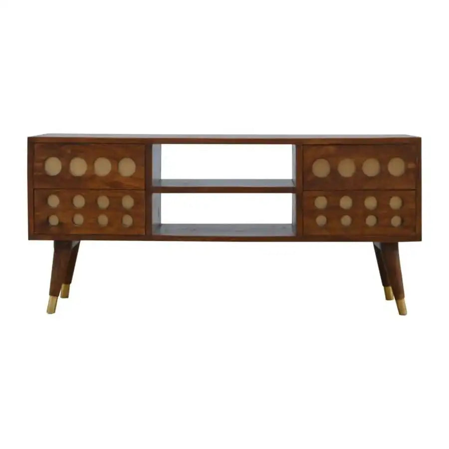 4 Drawer Chestnut Nordic Style Media Unit, Brass Inlay, 2 Open Slots - Price Crash Furniture