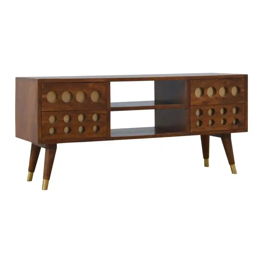 4 Drawer Chestnut Nordic Style Media Unit, Brass Inlay, 2 Open Slots - Price Crash Furniture