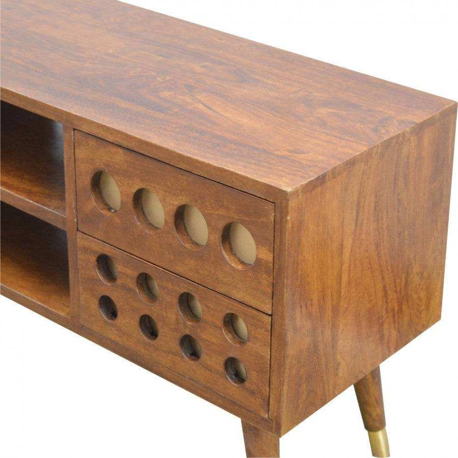 4 Drawer Chestnut Nordic Style Media Unit, Brass Inlay, 2 Open Slots - Price Crash Furniture