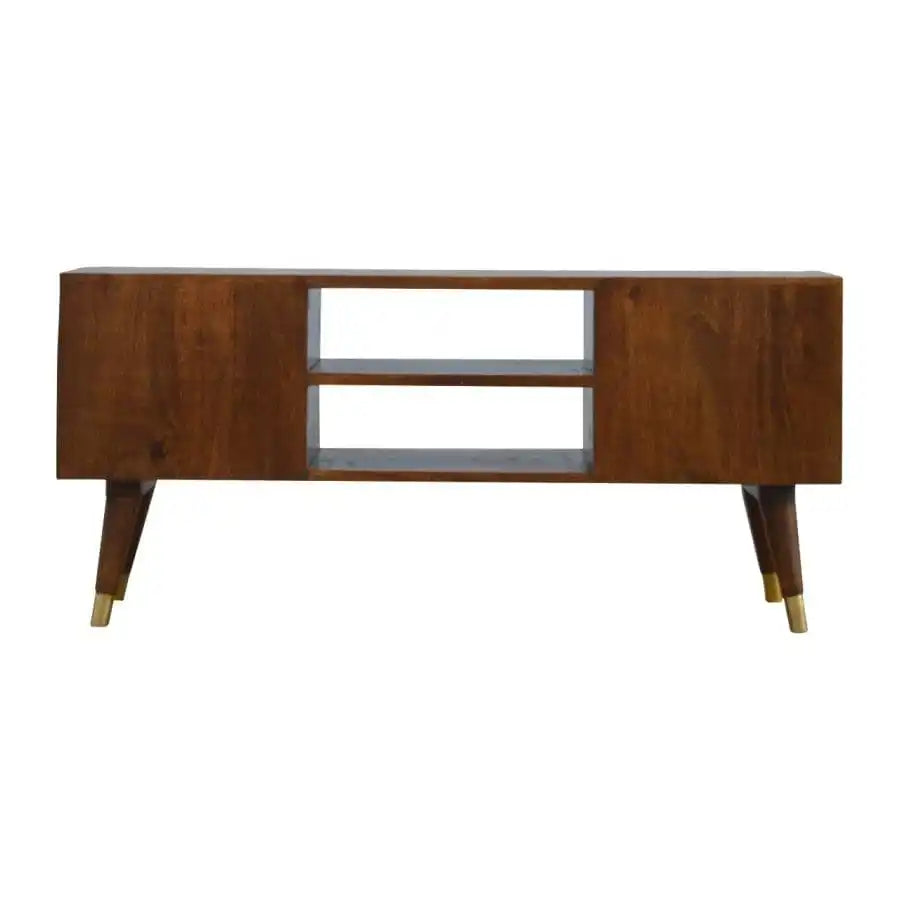 4 Drawer Chestnut Nordic Style Media Unit, Brass Inlay, 2 Open Slots - Price Crash Furniture