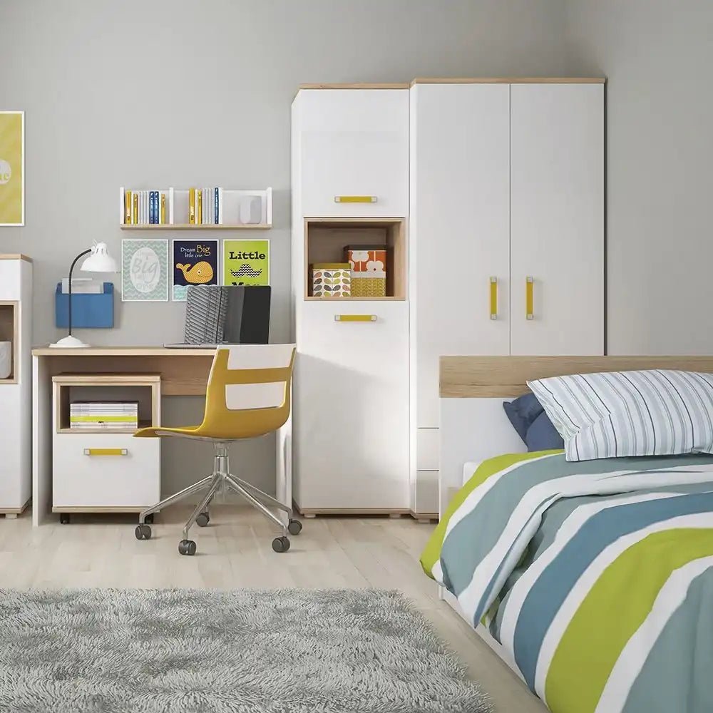 4 Kids 1 Door Mobile Desk Drawer Pedestal in Light Oak and White High Gloss - Price Crash Furniture