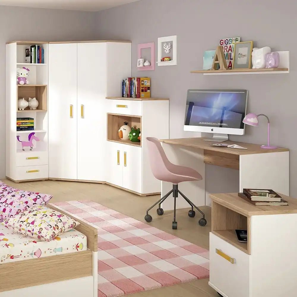 4 Kids 1 Door Mobile Desk Drawer Pedestal in Light Oak and White High Gloss - Price Crash Furniture