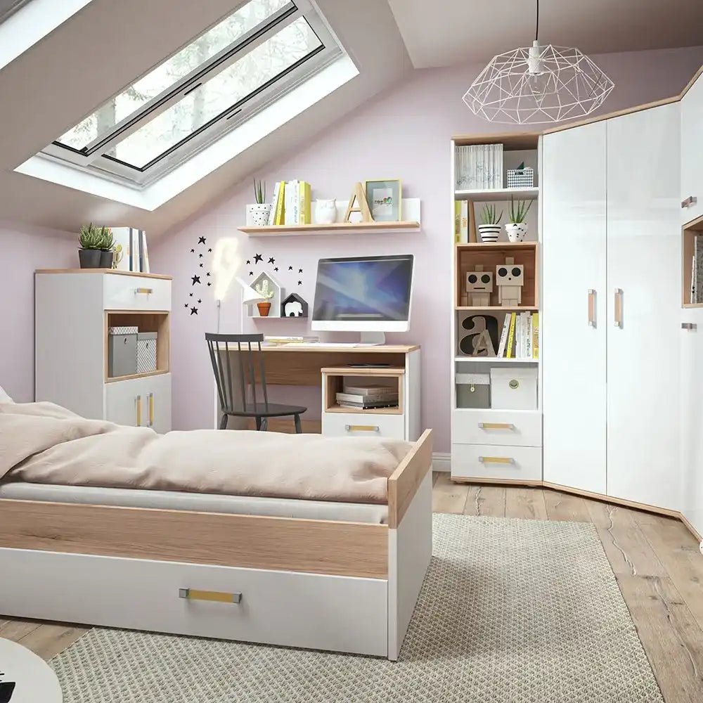 4 Kids 1 Drawer Bedside Cabinet in Light Oak & White High Gloss - Price Crash Furniture