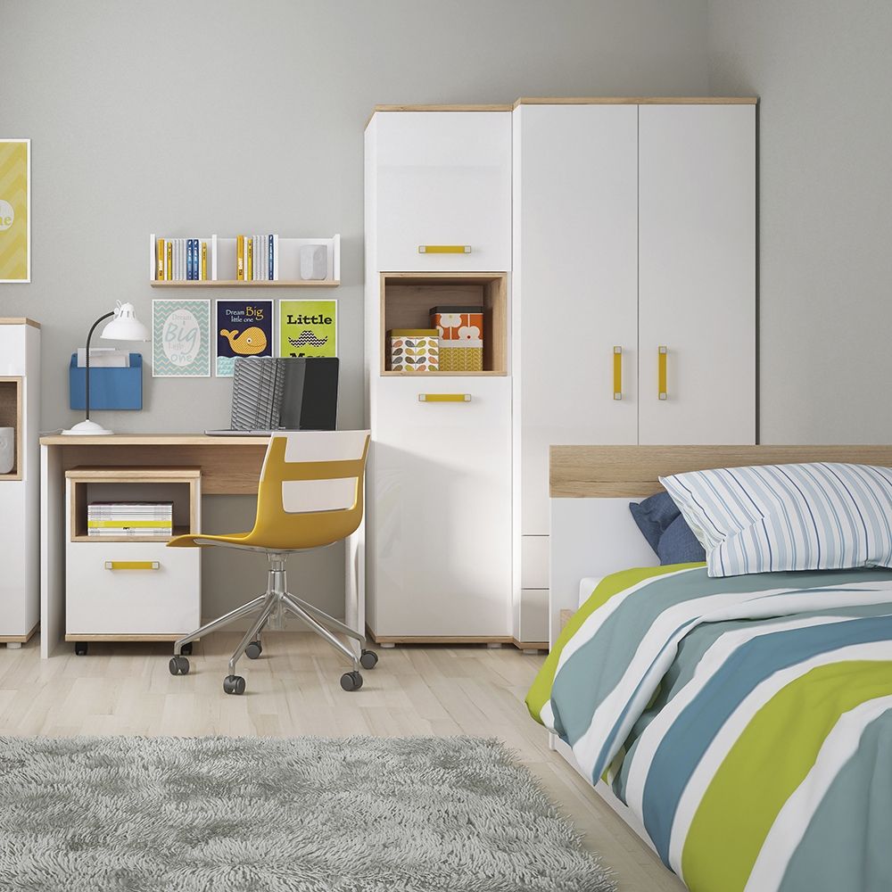 4 Kids 1 Door Mobile Desk Drawer Pedestal in Light Oak and White High Gloss - Price Crash Furniture