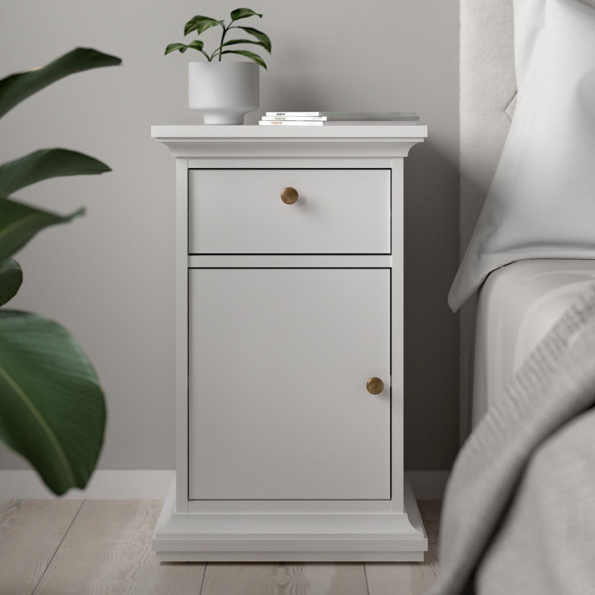 Paris Nightstand Bedside Table Cabinet Unit 1 Door 1 Drawer In White - Price Crash Furniture