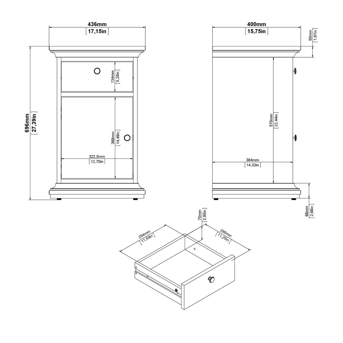 Paris Nightstand Beside Table Cabinet Unit 1 Door 1 Drawer Matt Grey - Price Crash Furniture