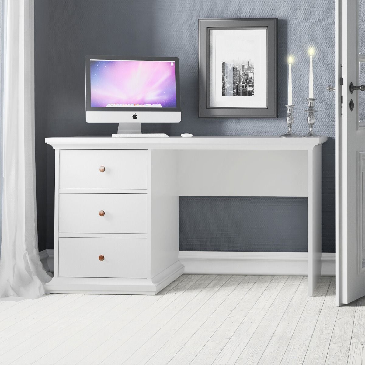 Paris 3 Drawer Desk In White - Price Crash Furniture