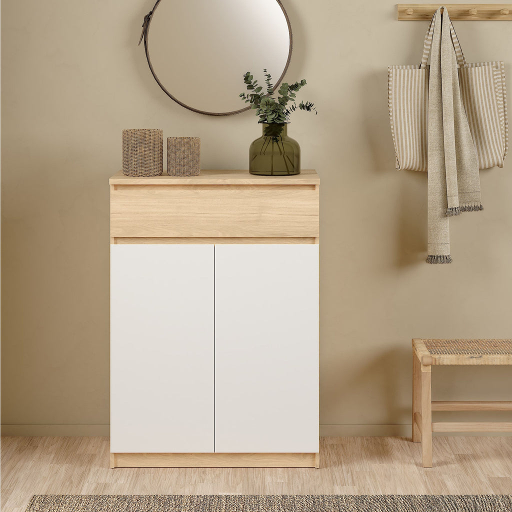 Naia Shoe Cabinet With 2 Doors 1 Drawer In Jackson Hickory Oak And White - Price Crash Furniture