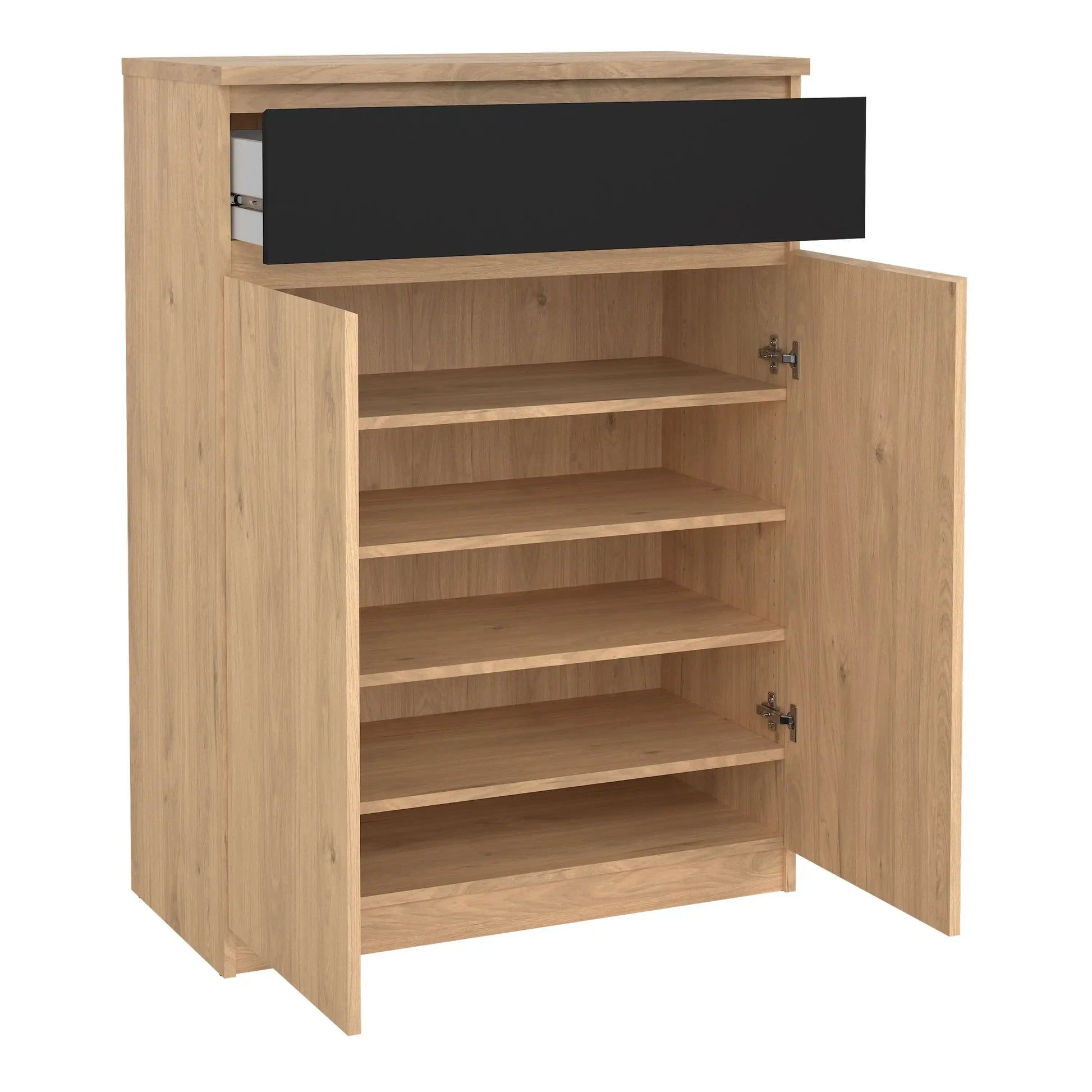 Naia Shoe Cabinet With 2 Doors 1 Drawer In Jackson Hickory Oak And Black - Price Crash Furniture
