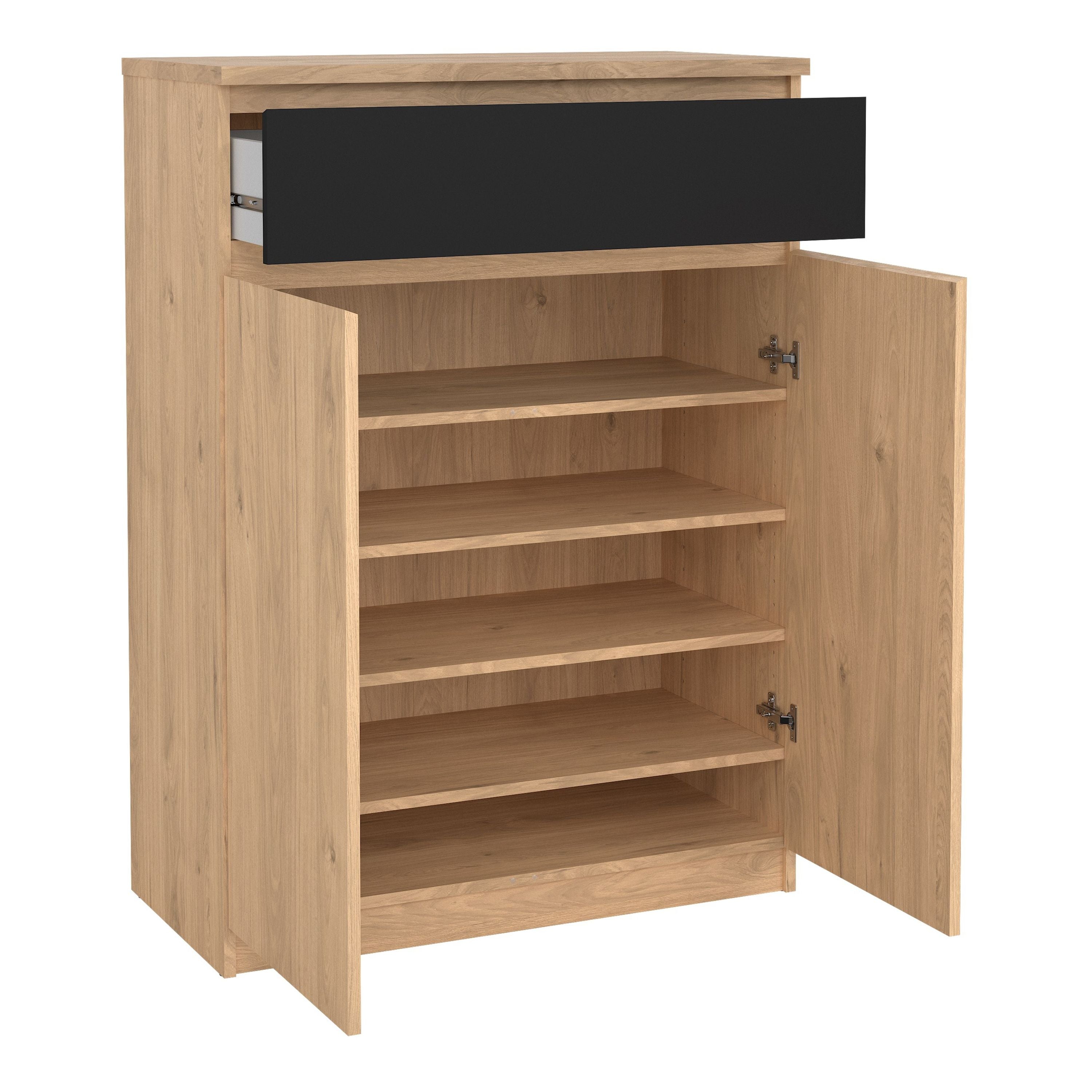 Naia Shoe Cabinet With 2 Doors 1 Drawer In Jackson Hickory Oak And Black - Price Crash Furniture