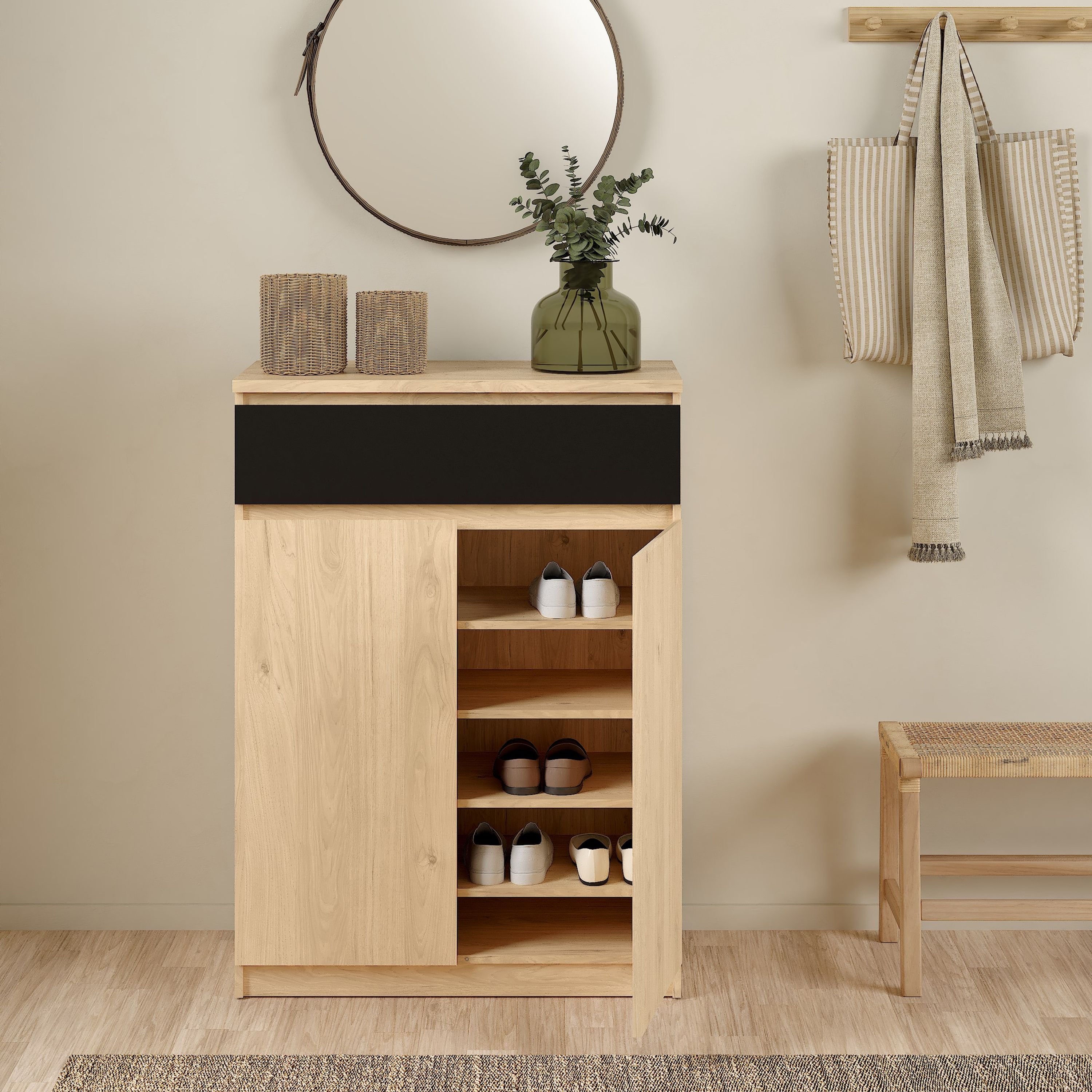 Naia Shoe Cabinet With 2 Doors 1 Drawer In Jackson Hickory Oak And Black - Price Crash Furniture