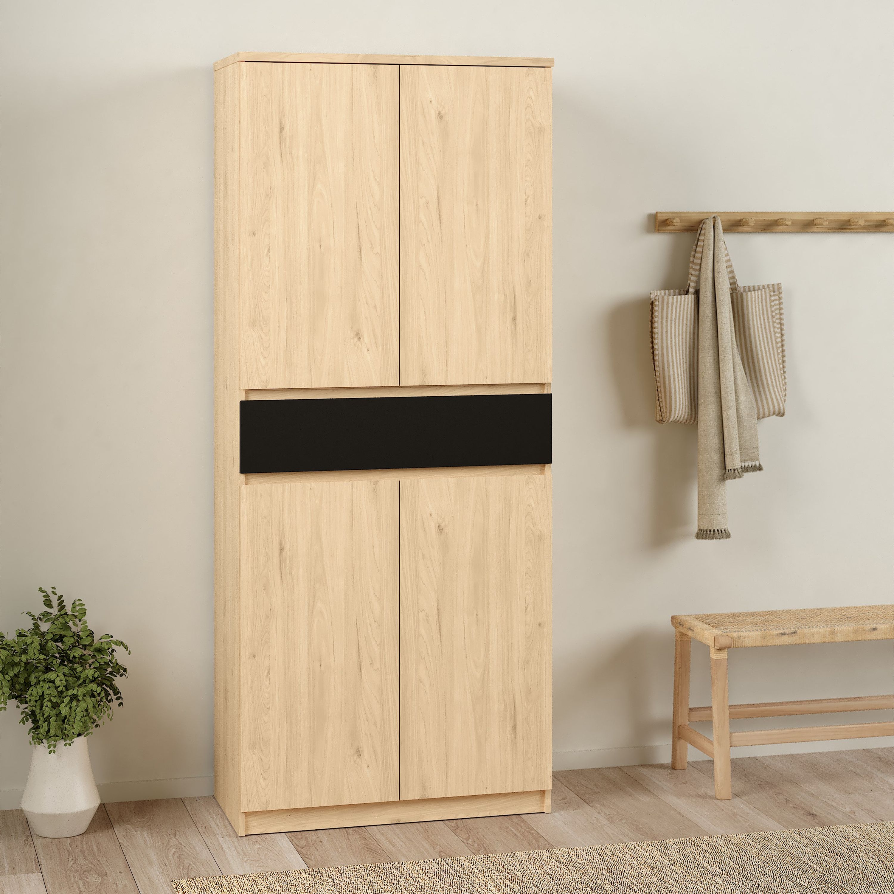 Naia Shoe Cabinet With 4 Doors 1 Drawer In Jackson Hickory Oak And Black - Price Crash Furniture