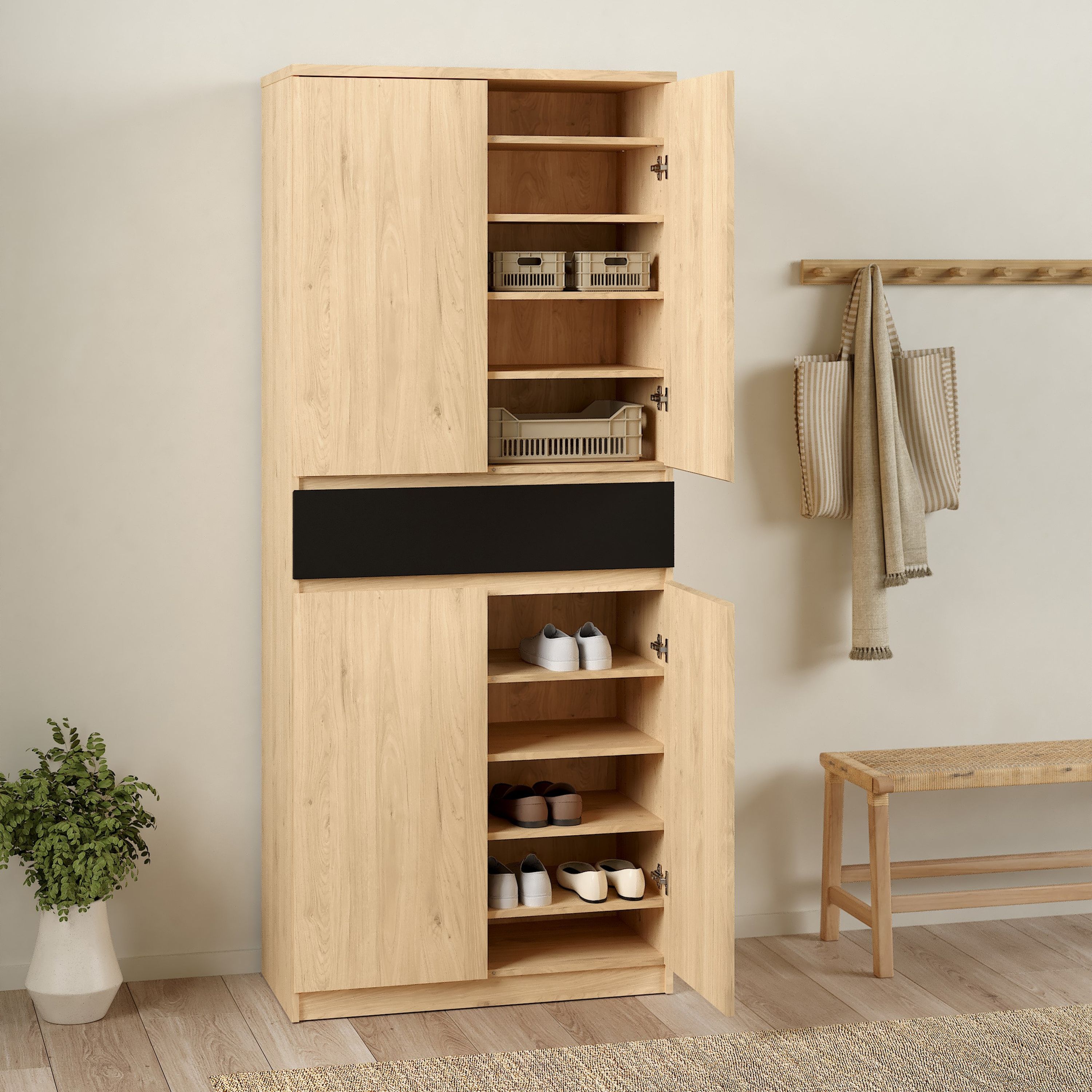 Naia Shoe Cabinet With 4 Doors 1 Drawer In Jackson Hickory Oak And Black - Price Crash Furniture