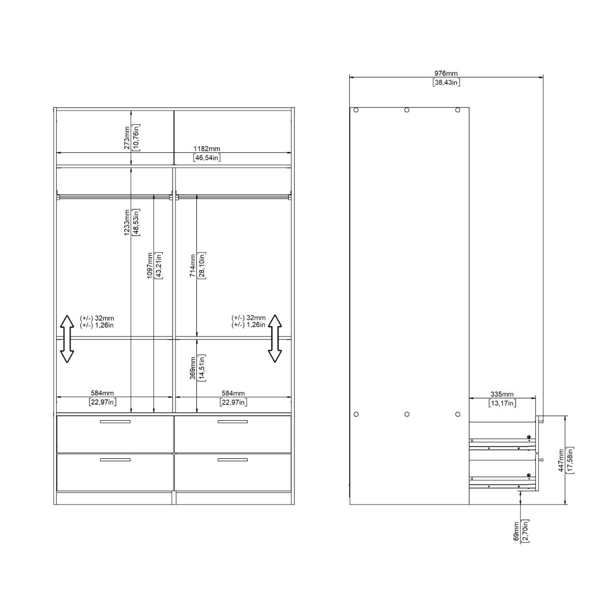 Line Wardrobe With 2 Sliding Doors And 4 Drawers In White