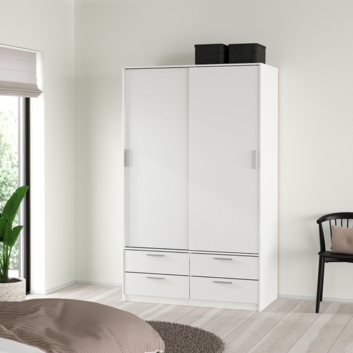 Line Wardrobe With 2 Sliding Doors And 4 Drawers In White