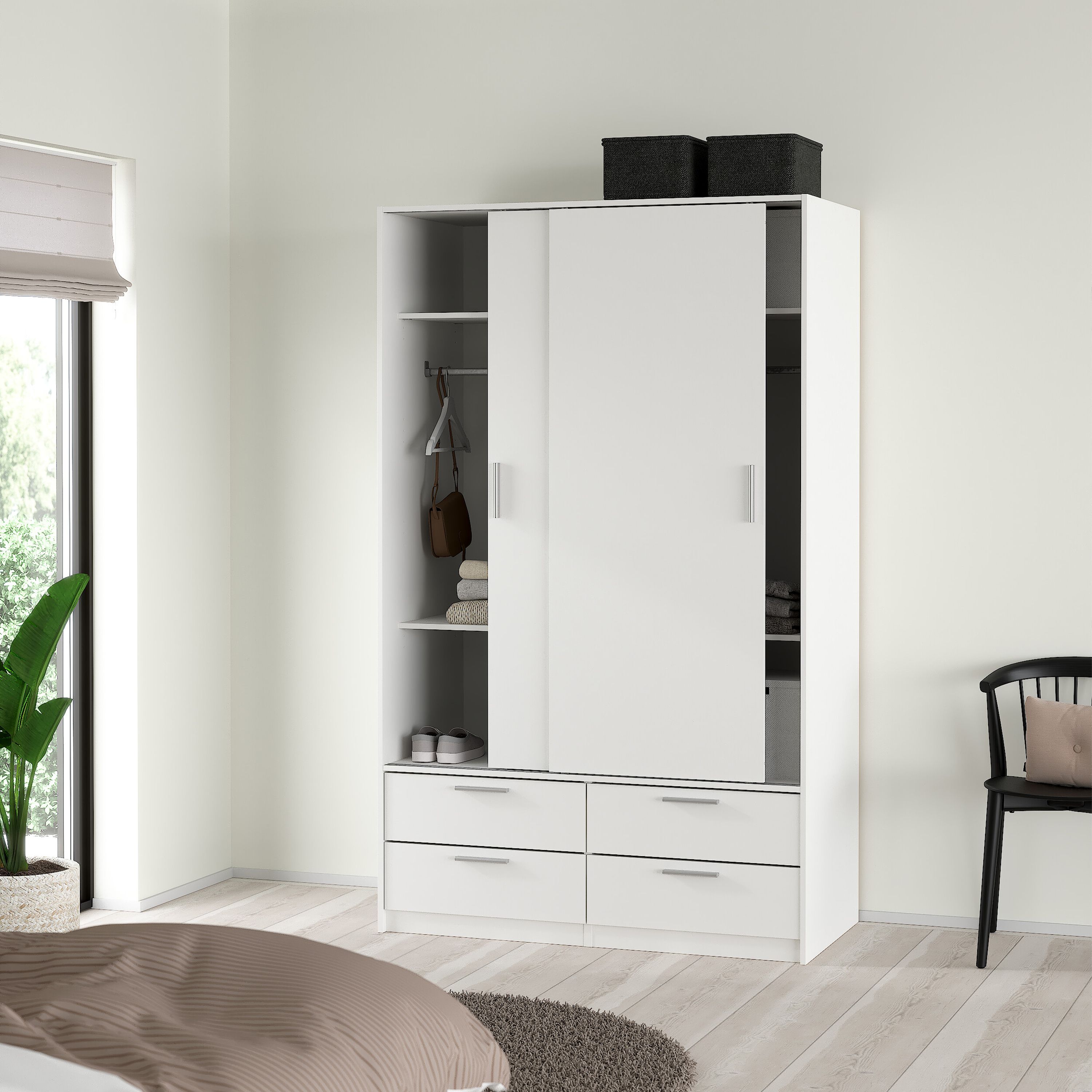 Line Wardrobe With 2 Sliding Doors And 4 Drawers In White