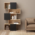 Maze Asymmetrical Bookcase With 3 Doors In Oak And Black - Price Crash Furniture