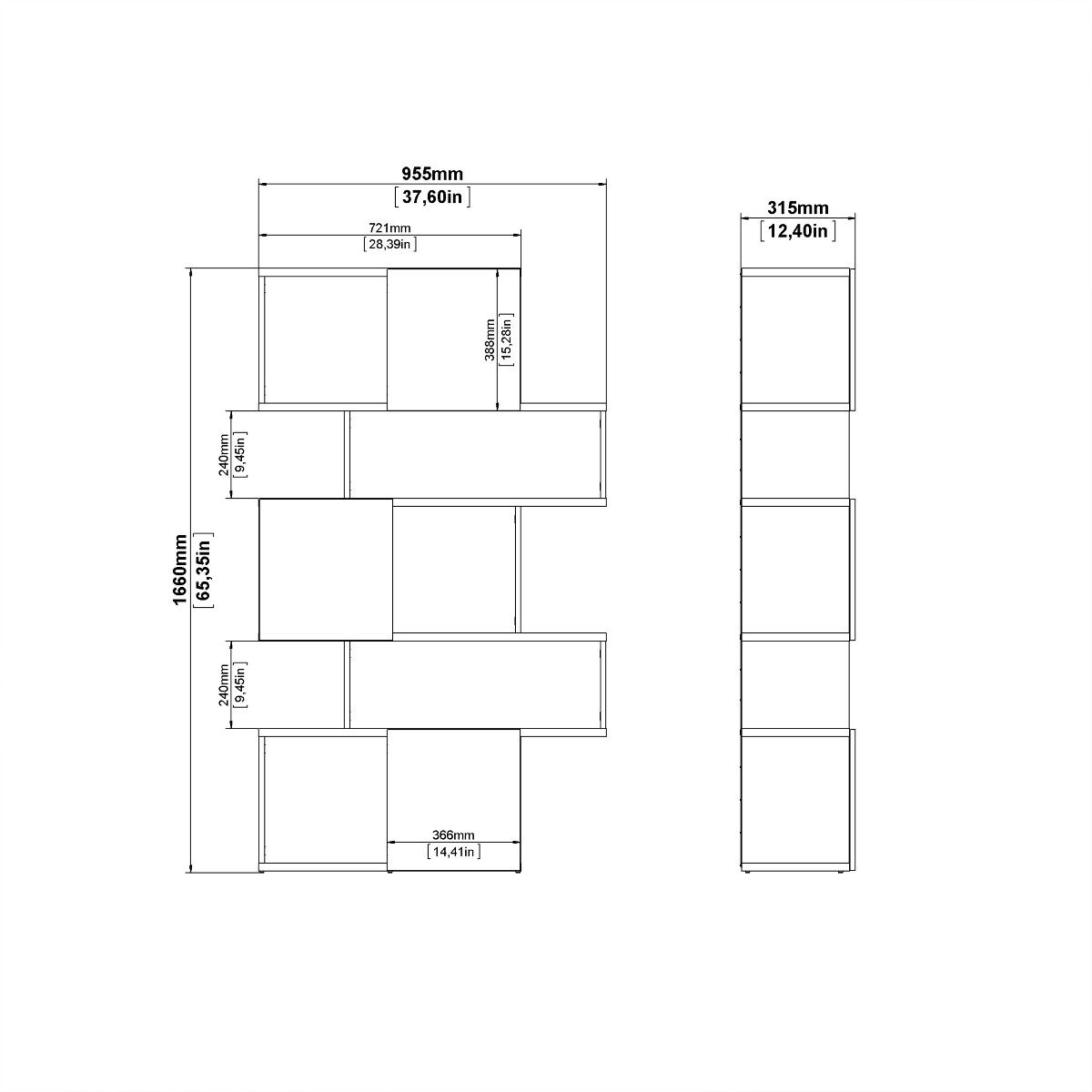 Maze Asymmetrical Bookcase With 3 Doors In Oak And Black - Price Crash Furniture