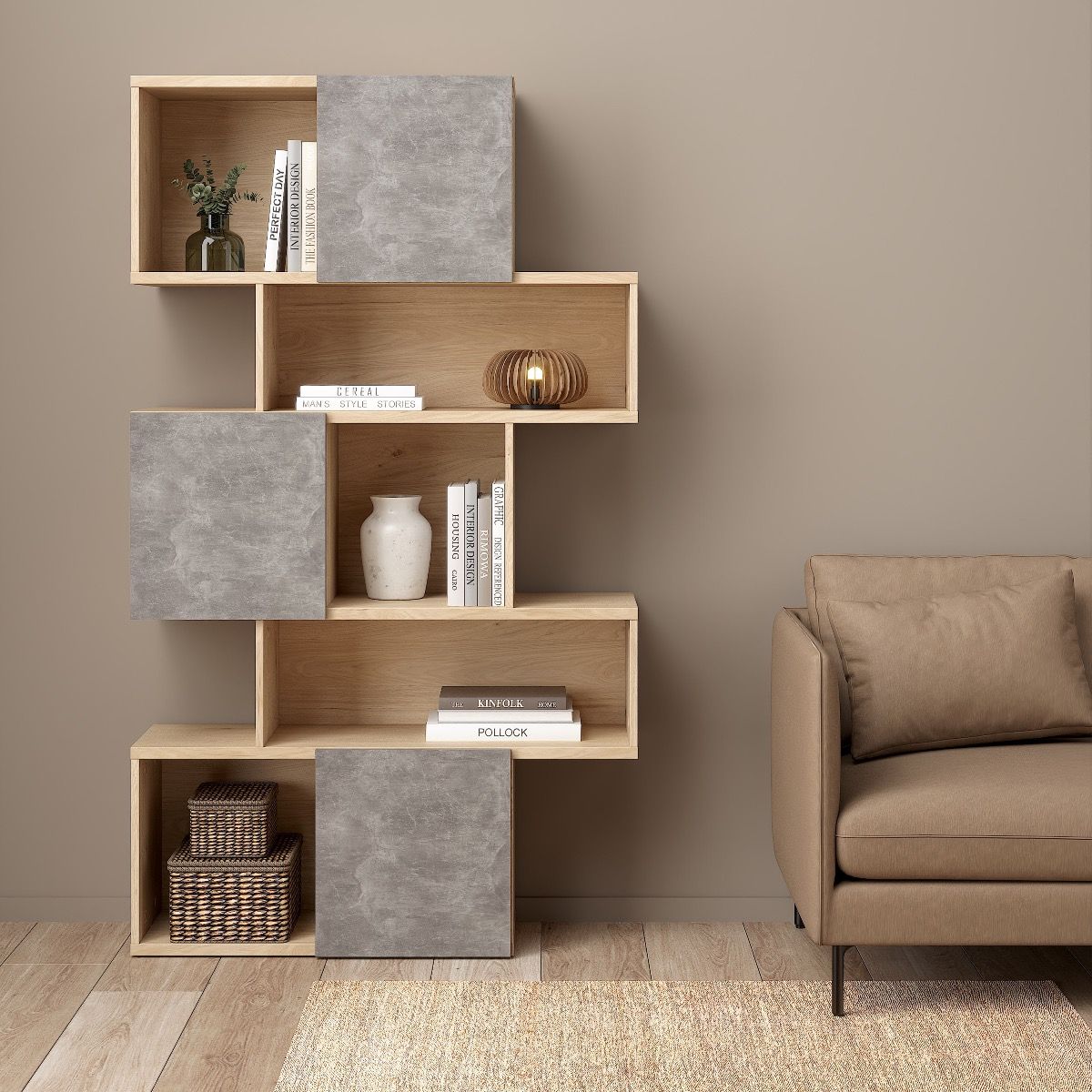 Maze Asymmetrical Bookcase 3 Doors In Oak And Concrete - Price Crash Furniture